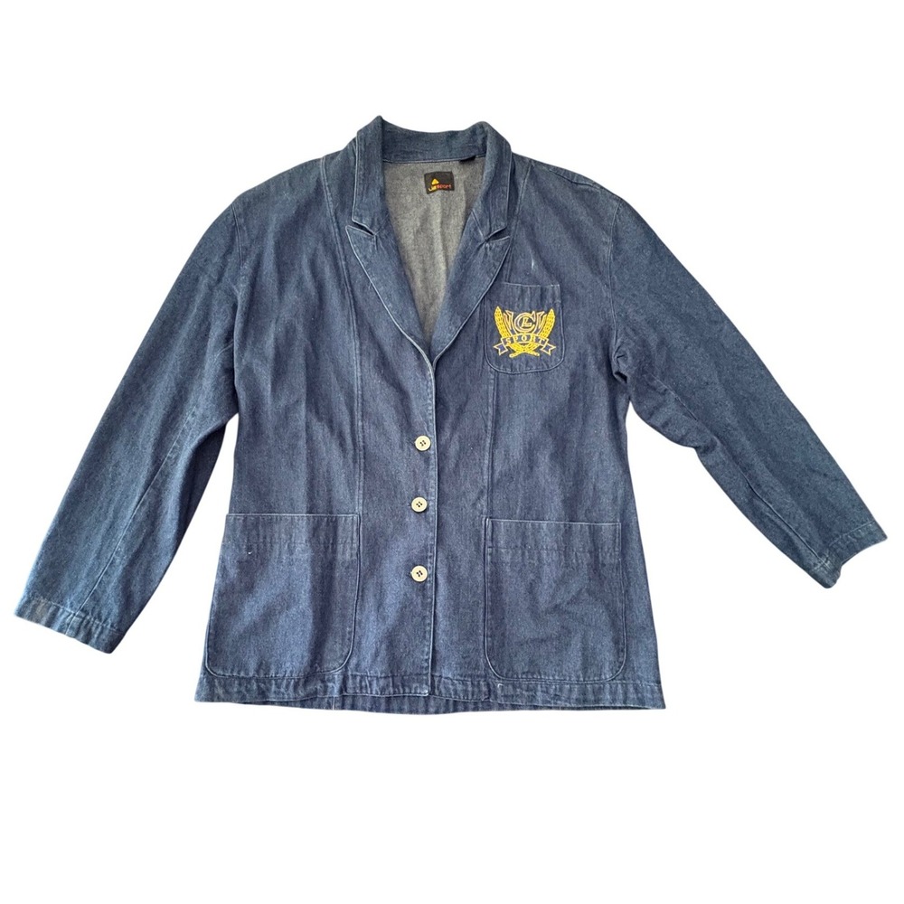 Liz Sport Vintage 90's Denim Blazer Blue Cinch Waist Embroidered Crest Jacket